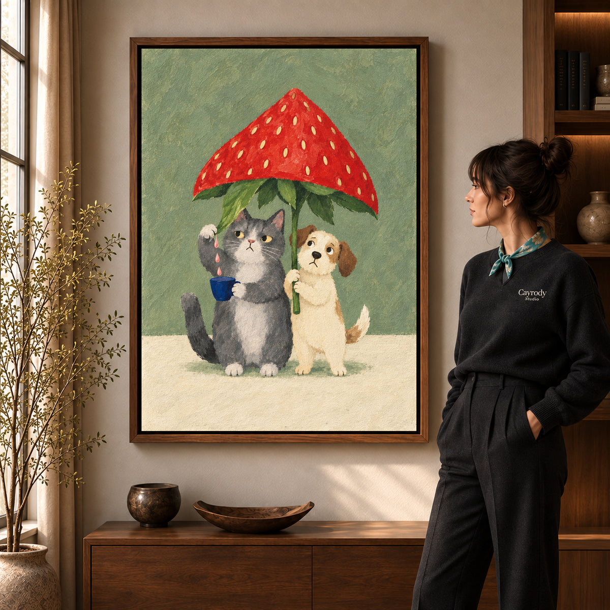 Walnut framed strawberry umbrella canvas art shown beside a standing woman and a wooden console.