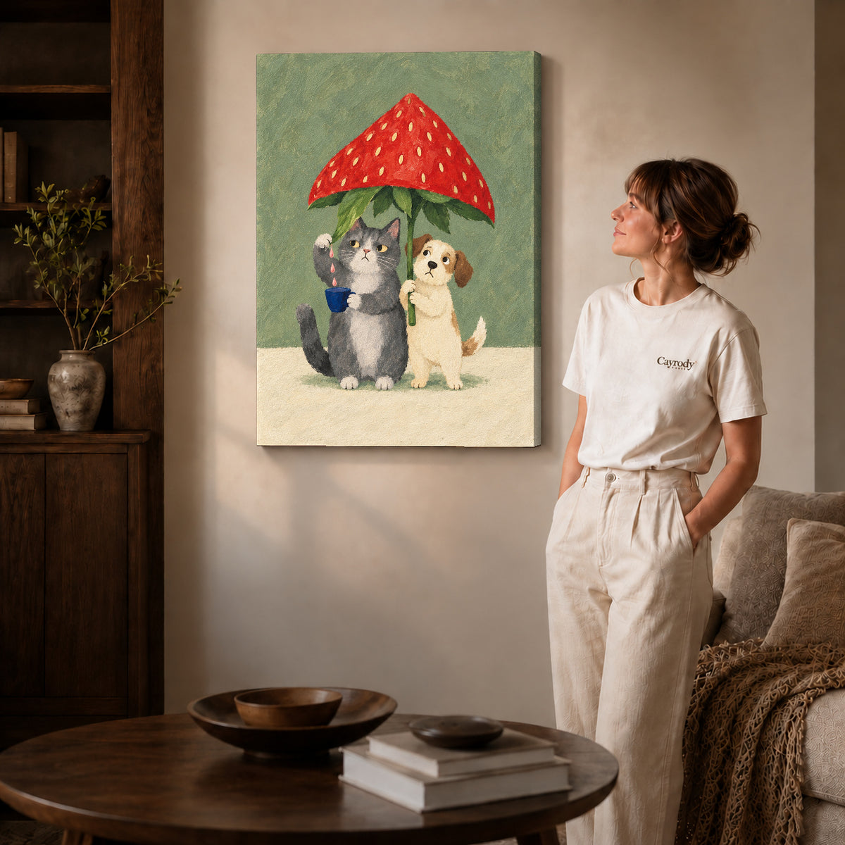 Gallery wrapped strawberry umbrella canvas art with visible canvas edges beside a standing woman.