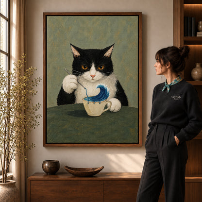 Ocean Teacup canvas art in a walnut frame beside a standing woman and wooden console.