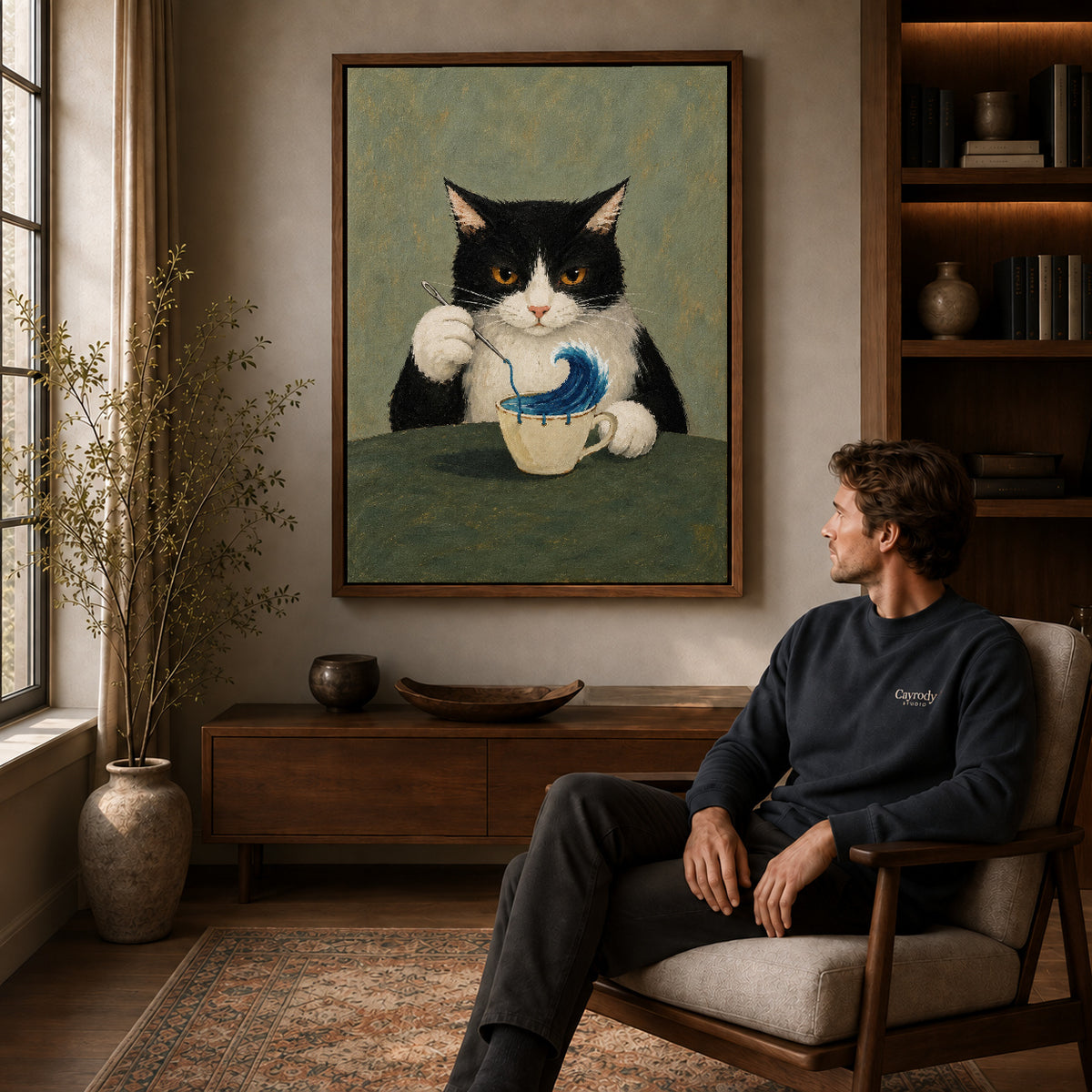 Ocean Teacup canvas art above a wooden console beside a seated man in a warm room.