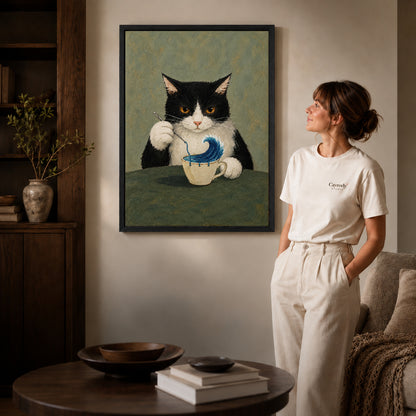 Ocean Teacup canvas art in a black frame above books in a welcoming living room.