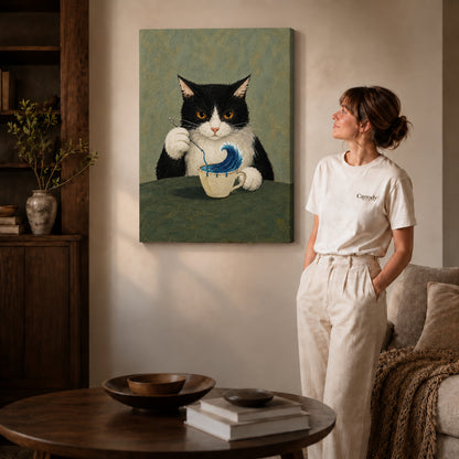 Gallery wrapped ocean teacup canvas art with visible canvas edges beside a standing woman.