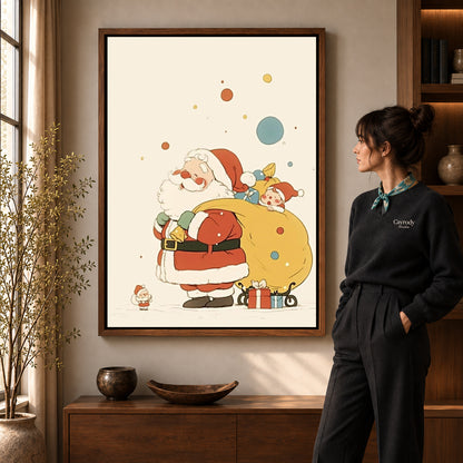 Little Santa canvas art in a walnut frame beside a standing woman and wooden console.