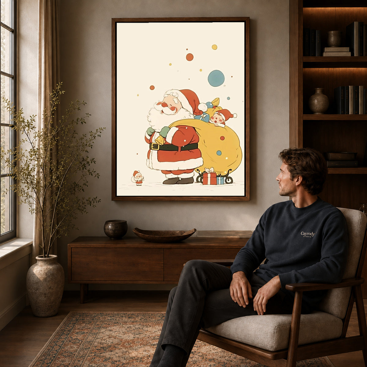 Little Santa canvas art above a wooden console beside a seated man in a warm room.