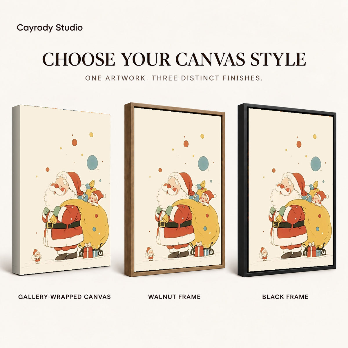 Little Santa canvas art comparing gallery wrapped canvas, walnut frame, and black frame finishes.