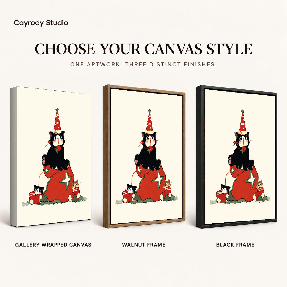 Christmas Kittens canvas art comparing gallery wrapped canvas, walnut frame, and black frame finishes.