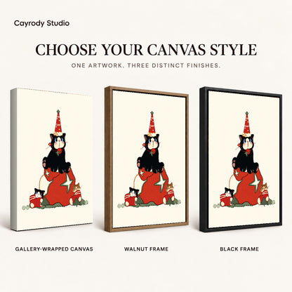 Christmas Kittens canvas art comparing gallery wrapped canvas, walnut frame, and black frame finishes.