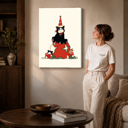 Gallery wrapped christmas kittens canvas art with visible canvas edges beside a standing woman.