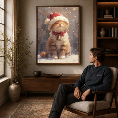Santa Kitten canvas art above a wooden console beside a seated man in a warm room.