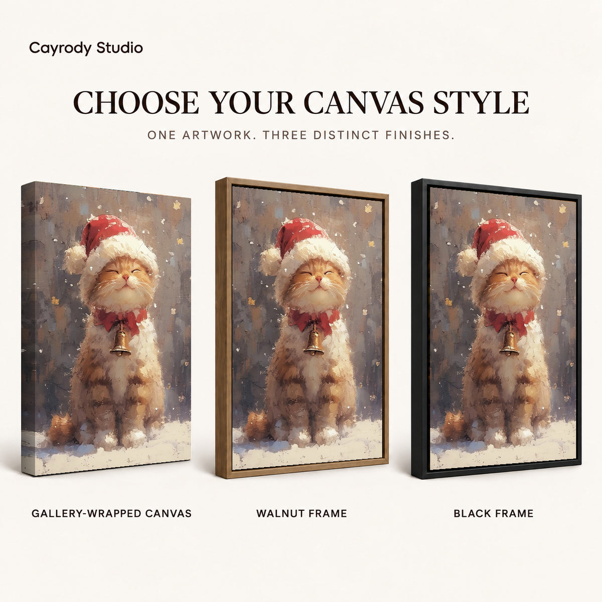 Santa Kitten canvas art comparing gallery wrapped canvas, walnut frame, and black frame finishes.