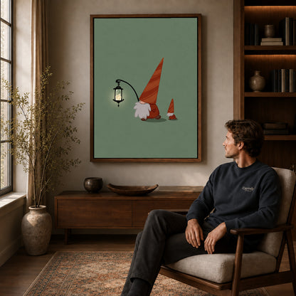Lantern Gnomes canvas art above a wooden console beside a seated man in a warm room.