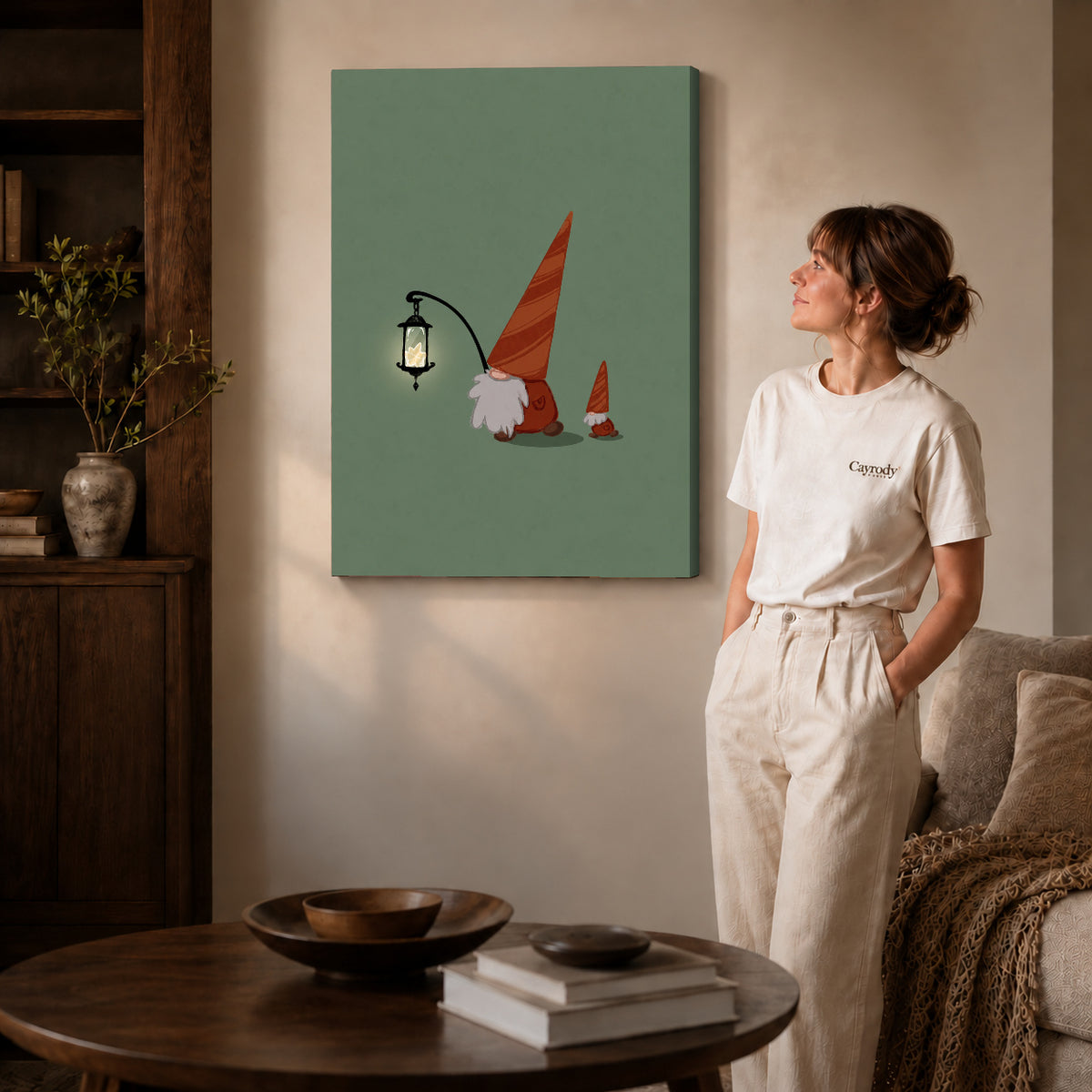 Lantern Gnomes canvas art displayed as gallery wrapped canvas beside a woman in natural light.
