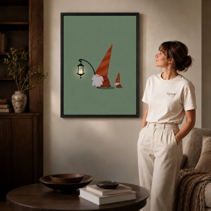 Lantern Gnomes canvas art in a black frame above books in a welcoming living room.