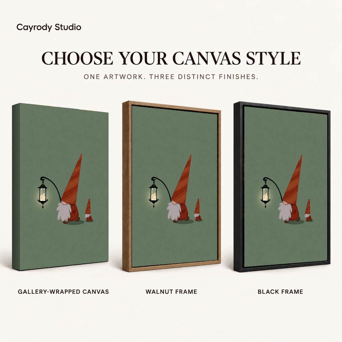 Lantern Gnomes canvas art comparing gallery wrapped canvas, walnut frame, and black frame finishes.