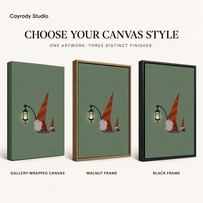 Lantern Gnomes canvas art comparing gallery wrapped canvas, walnut frame, and black frame finishes.
