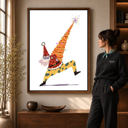 Christmas Gnome canvas art in a walnut frame beside a standing woman and wooden console.