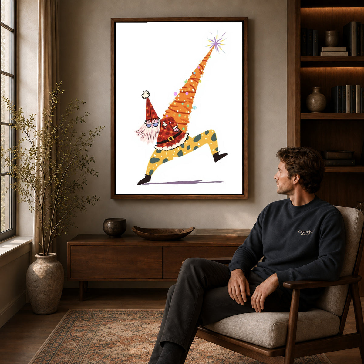 Christmas Gnome canvas art above a wooden console beside a seated man in a warm room.