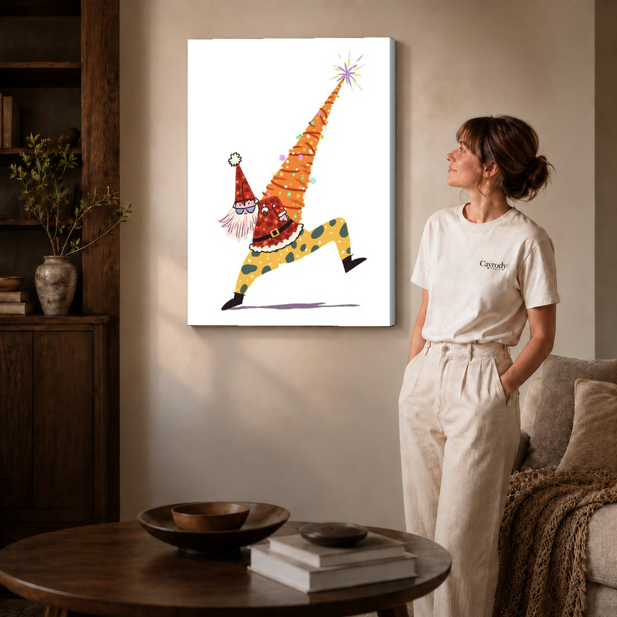 Christmas Gnome canvas art displayed as gallery wrapped canvas beside a woman in natural light.