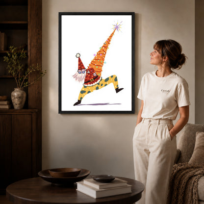 Christmas Gnome canvas art in a black frame above books in a welcoming living room.