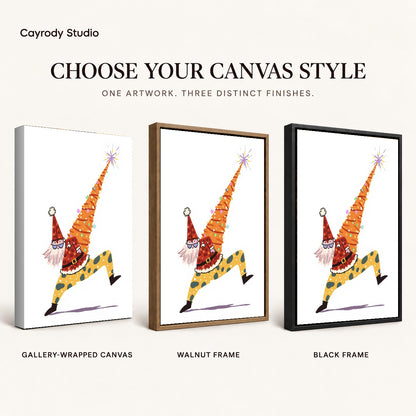 Christmas Gnome canvas art comparing gallery wrapped canvas, walnut frame, and black frame finishes.
