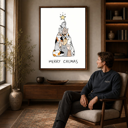 Cat Christmas canvas art above a wooden console beside a seated man in a warm room.