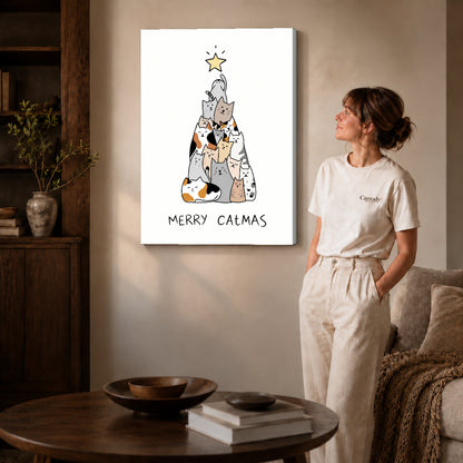 Cat Christmas canvas art displayed as gallery wrapped canvas beside a woman in natural light.