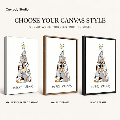 Cat Christmas canvas art comparing gallery wrapped canvas, walnut frame, and black frame finishes.