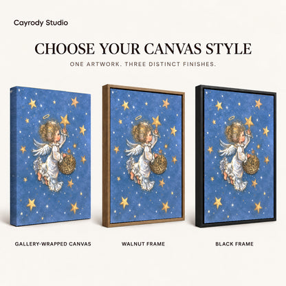 Starlight Angel canvas art comparing gallery wrapped canvas, walnut frame, and black frame finishes.