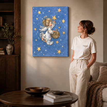 Gallery wrapped starlight angel canvas art with visible canvas edges beside a standing woman.