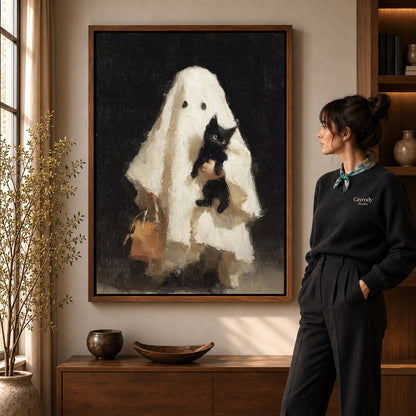 Gentle Ghost canvas art in a walnut frame beside a standing woman and wooden console.