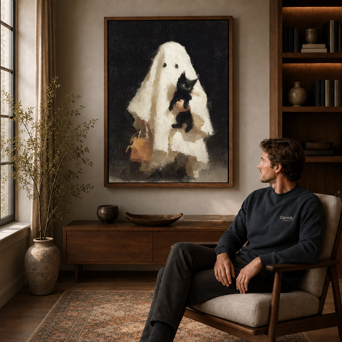 Gentle Ghost canvas art above a wooden console beside a seated man in a warm room.