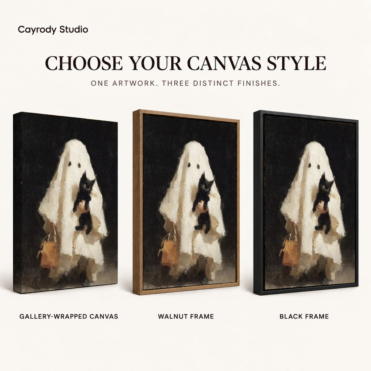 Gentle Ghost canvas art comparing gallery wrapped canvas, walnut frame, and black frame finishes.