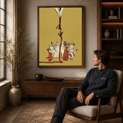 Playful Dogs canvas art above a wooden console beside a seated man in a warm room.