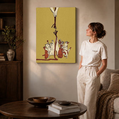 Playful Dogs canvas art displayed as gallery wrapped canvas beside a woman in natural light.