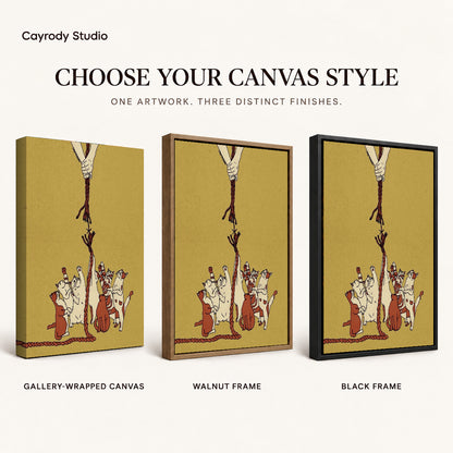 Playful Dogs canvas art comparing gallery wrapped canvas, walnut frame, and black frame finishes.