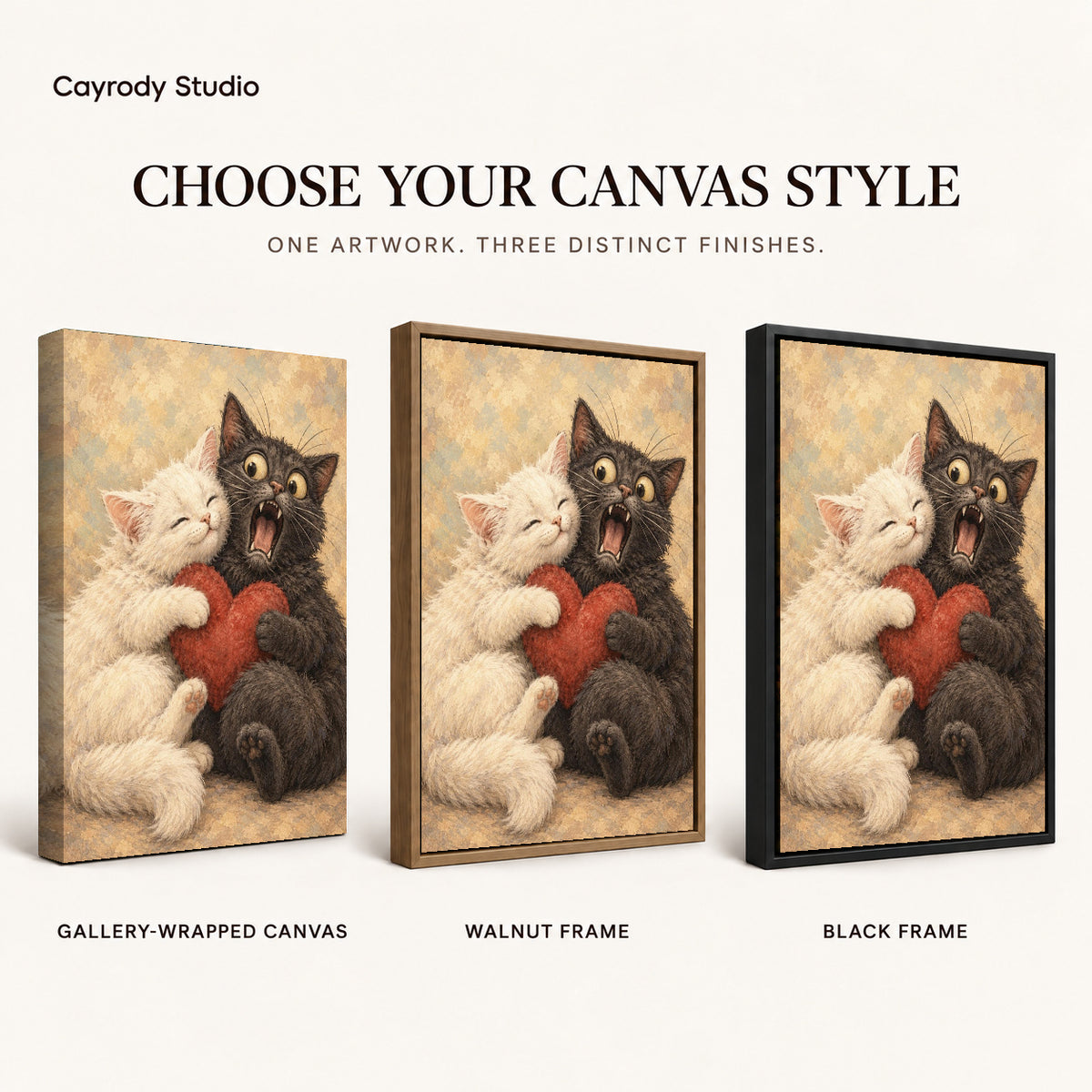 Cat Love canvas art comparing gallery wrapped canvas, walnut frame, and black frame finishes.