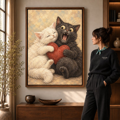 Walnut framed cat love canvas art shown beside a standing woman and a wooden console.