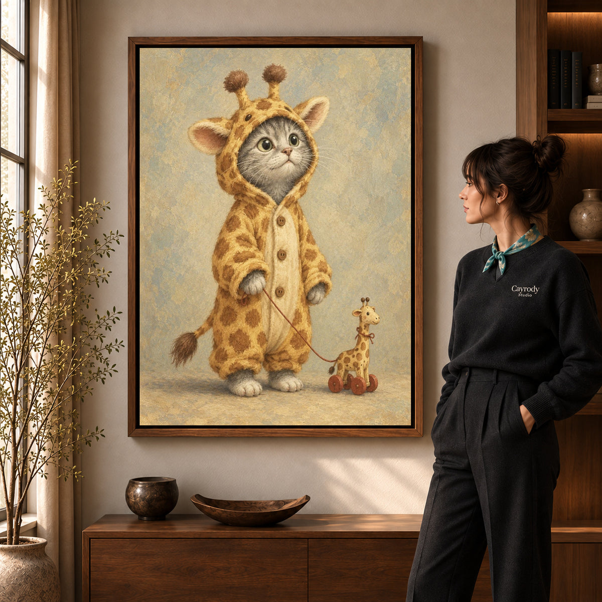 Giraffe Kitten canvas art in a walnut frame beside a standing woman and wooden console.