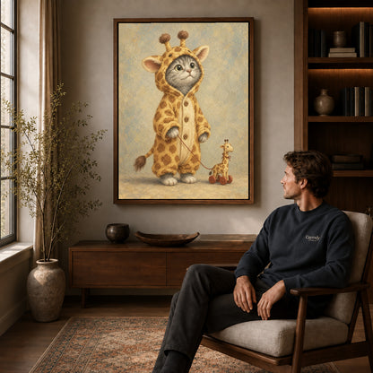 Giraffe Kitten canvas art above a wooden console beside a seated man in a warm room.