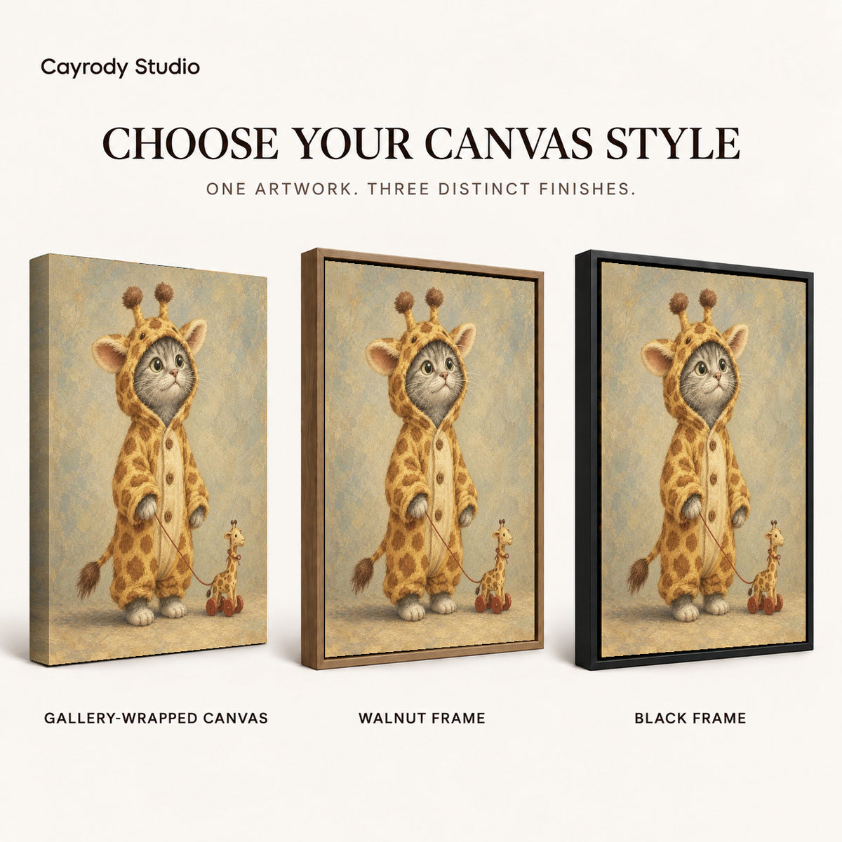 Giraffe Kitten canvas art comparing gallery wrapped canvas, walnut frame, and black frame finishes.