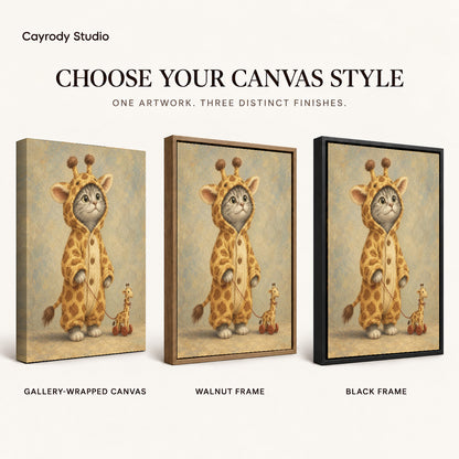 Giraffe Kitten canvas art comparing gallery wrapped canvas, walnut frame, and black frame finishes.