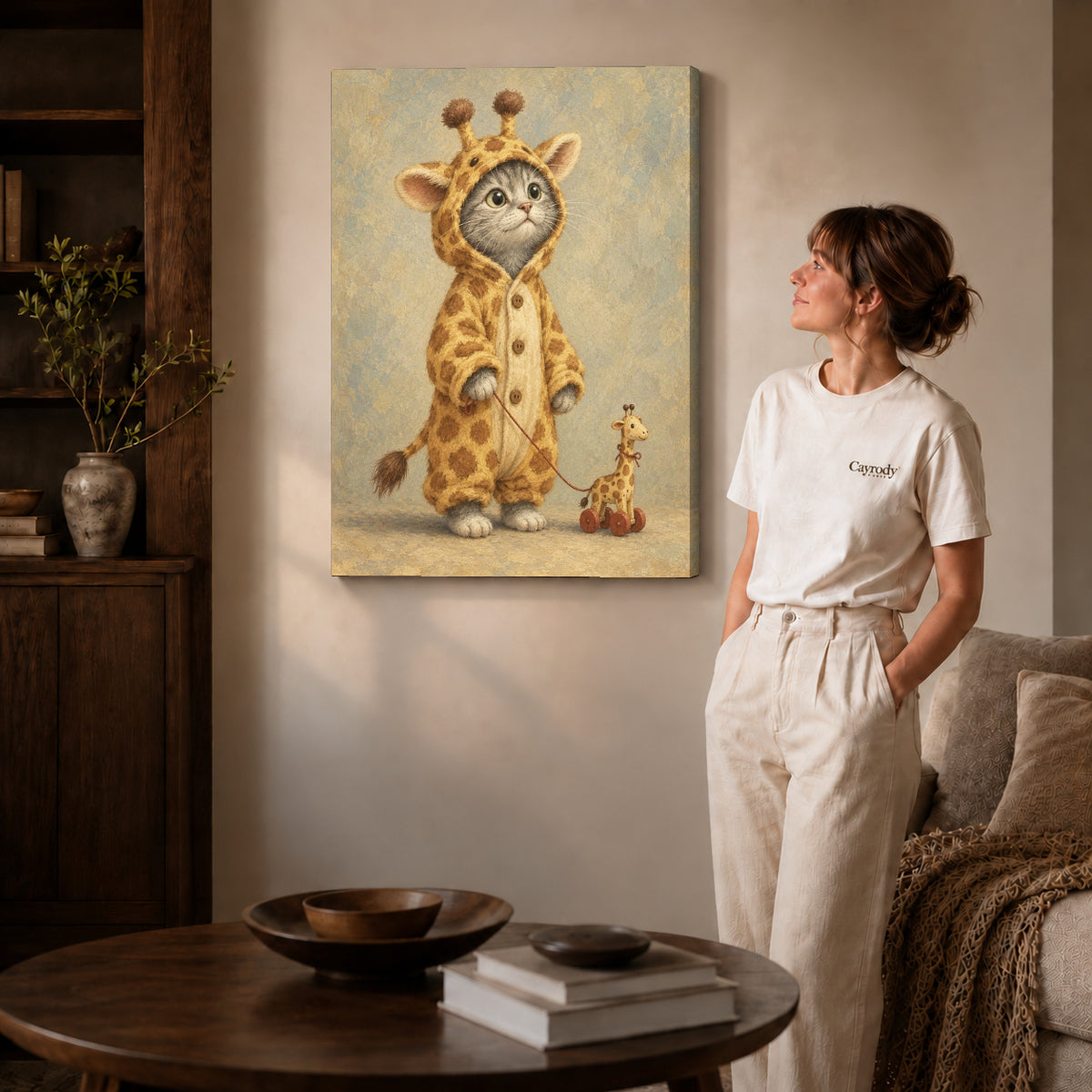 Gallery wrapped giraffe kitten canvas art with visible canvas edges beside a standing woman.