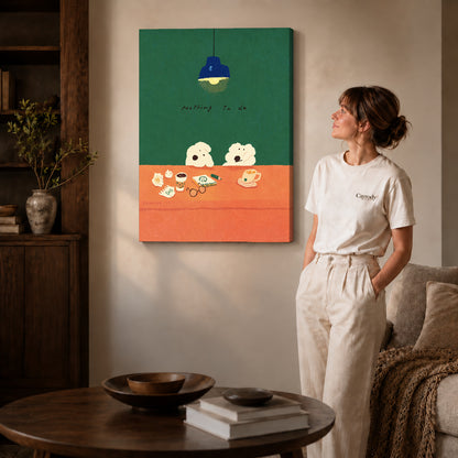 Idle Desk Dogs canvas art displayed as gallery wrapped canvas beside a woman in natural light.