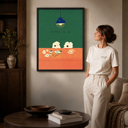 Idle Desk Dogs canvas art in a black frame above books in a welcoming living room.