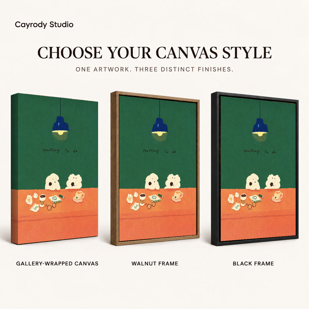 Idle Desk Dogs canvas art comparing gallery wrapped canvas, walnut frame, and black frame finishes.