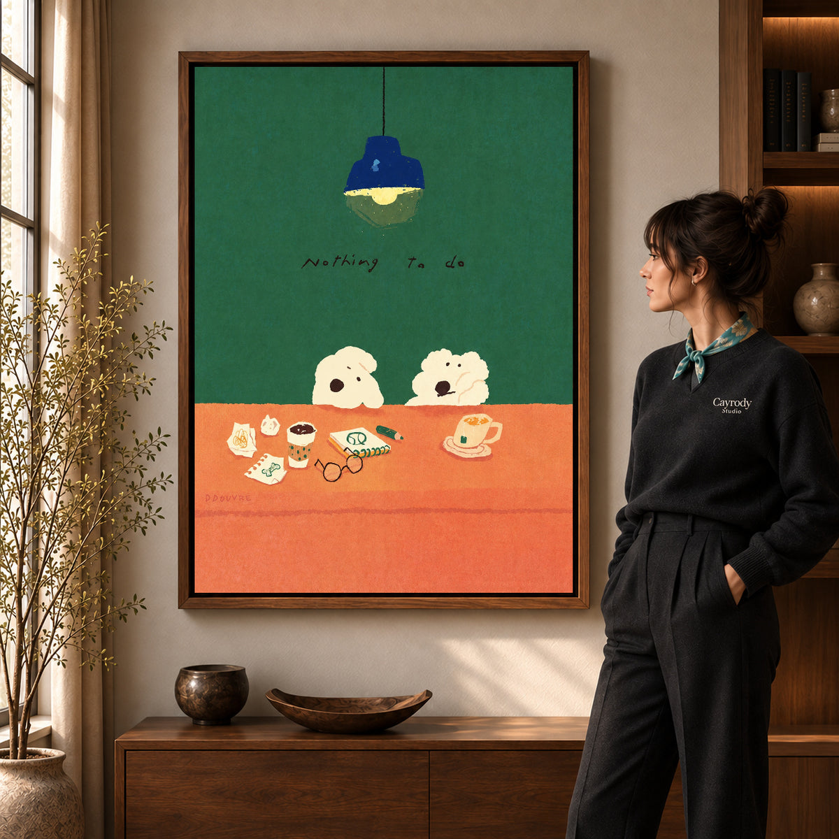 Walnut framed idle desk dogs canvas art shown beside a standing woman and a wooden console.