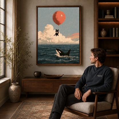 Balloon Cat canvas art above a wooden console beside a seated man in a warm room.