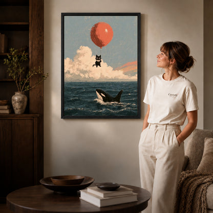 Balloon Cat canvas art in a black frame above books in a welcoming living room.