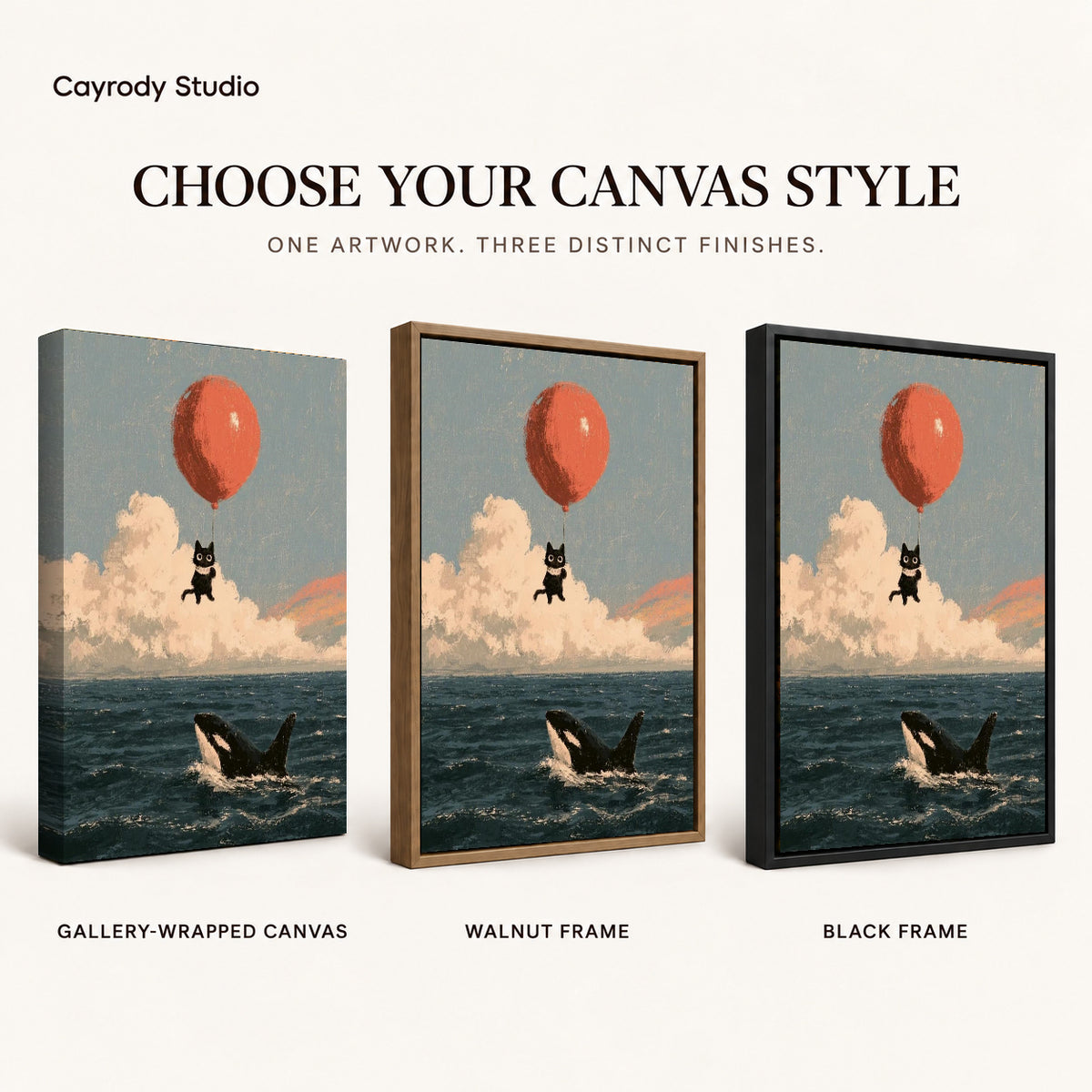 Balloon Cat canvas art comparing gallery wrapped canvas, walnut frame, and black frame finishes.