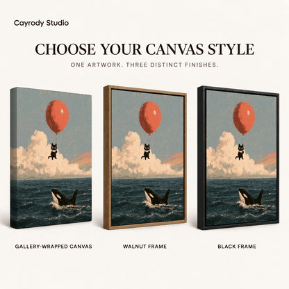Balloon Cat canvas art comparing gallery wrapped canvas, walnut frame, and black frame finishes.